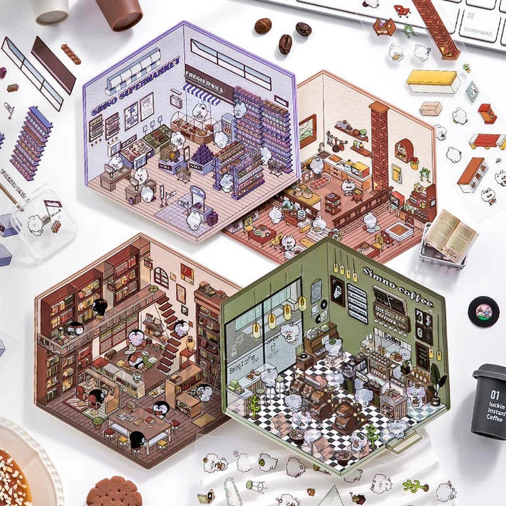 3D Scene Stickers - 8 Themes - Supermarket | Bookstore | Coffee Shop | Restaurant | Warm Home | Hot Spring | Gymnasium | Music Bar