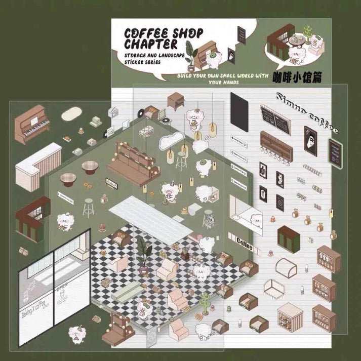 3D Scene Stickers - 8 Themes - Supermarket | Bookstore | Coffee Shop | Restaurant | Warm Home | Hot Spring | Gymnasium | Music Bar