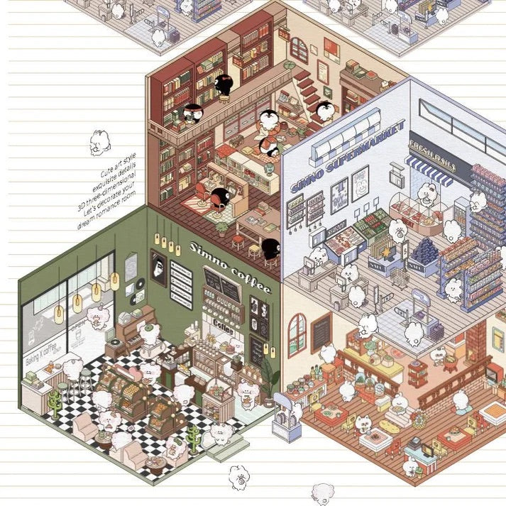 3D Scene Stickers - 8 Themes - Supermarket | Bookstore | Coffee Shop | Restaurant | Warm Home | Hot Spring | Gymnasium | Music Bar