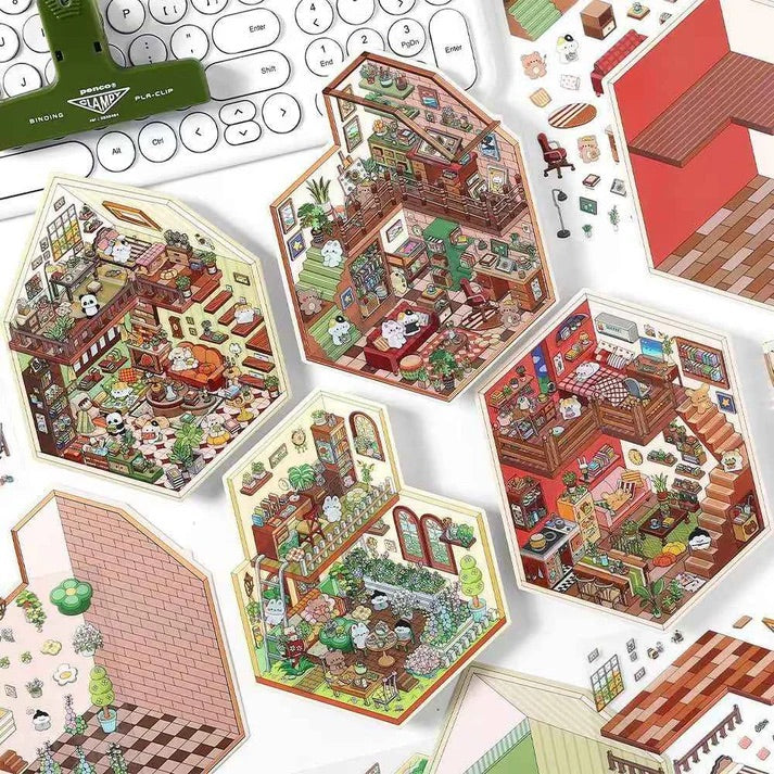 Cute Home 2-Floor-3D Sticker Scenes -4 Theme Sets: Hamster Bookstore｜Bunny Art Studio | Bunny Flower Shop | Panda Cabin