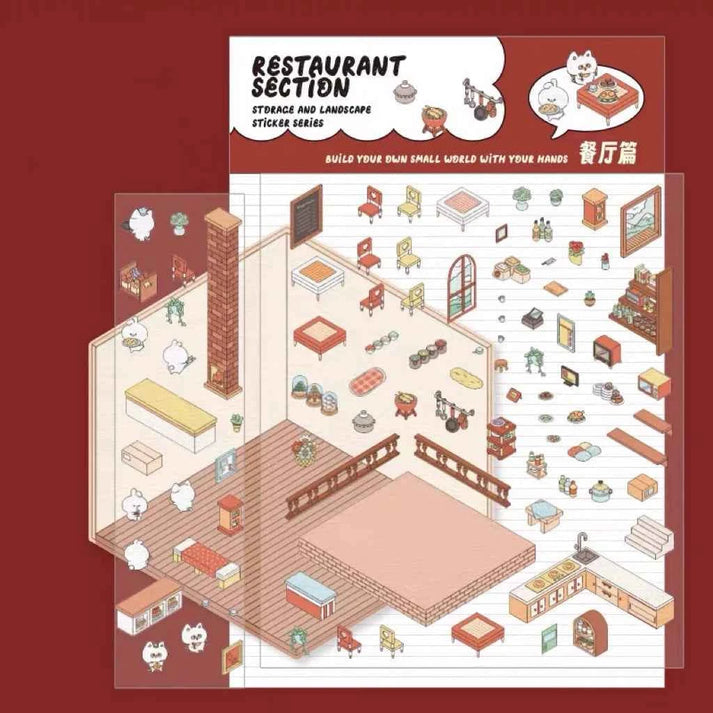 3D Scene Stickers - 8 Themes - Supermarket | Bookstore | Coffee Shop | Restaurant | Warm Home | Hot Spring | Gymnasium | Music Bar
