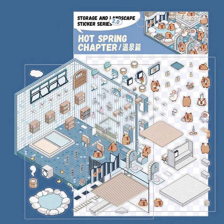 3D Scene Stickers - 8 Themes - Supermarket | Bookstore | Coffee Shop | Restaurant | Warm Home | Hot Spring | Gymnasium | Music Bar