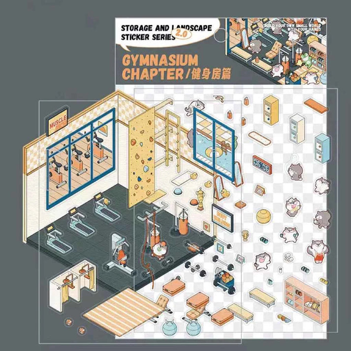 3D Scene Stickers - 8 Themes - Supermarket | Bookstore | Coffee Shop | Restaurant | Warm Home | Hot Spring | Gymnasium | Music Bar