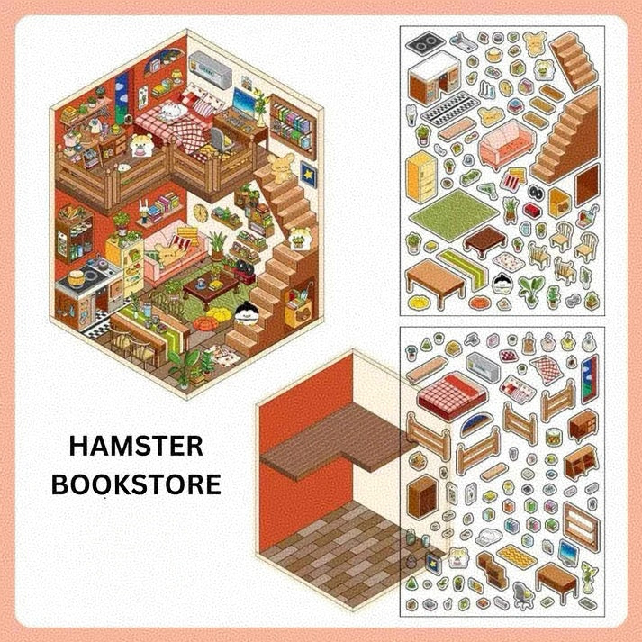 Cute Home 2-Floor-3D Sticker Scenes -4 Theme Sets: Hamster Bookstore｜Bunny Art Studio | Bunny Flower Shop | Panda Cabin