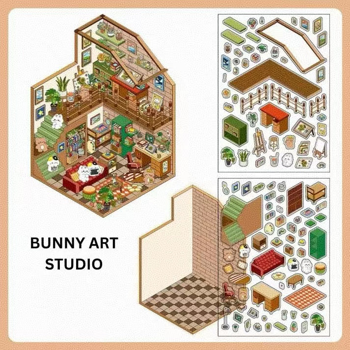 Cute Home 2-Floor-3D Sticker Scenes -4 Theme Sets: Hamster Bookstore｜Bunny Art Studio | Bunny Flower Shop | Panda Cabin