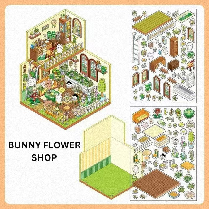 Cute Home 2-Floor-3D Sticker Scenes -4 Theme Sets: Hamster Bookstore｜Bunny Art Studio | Bunny Flower Shop | Panda Cabin