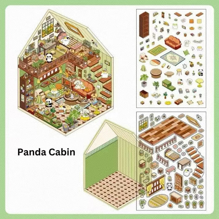 Cute Home 2-Floor-3D Sticker Scenes -4 Theme Sets: Hamster Bookstore｜Bunny Art Studio | Bunny Flower Shop | Panda Cabin